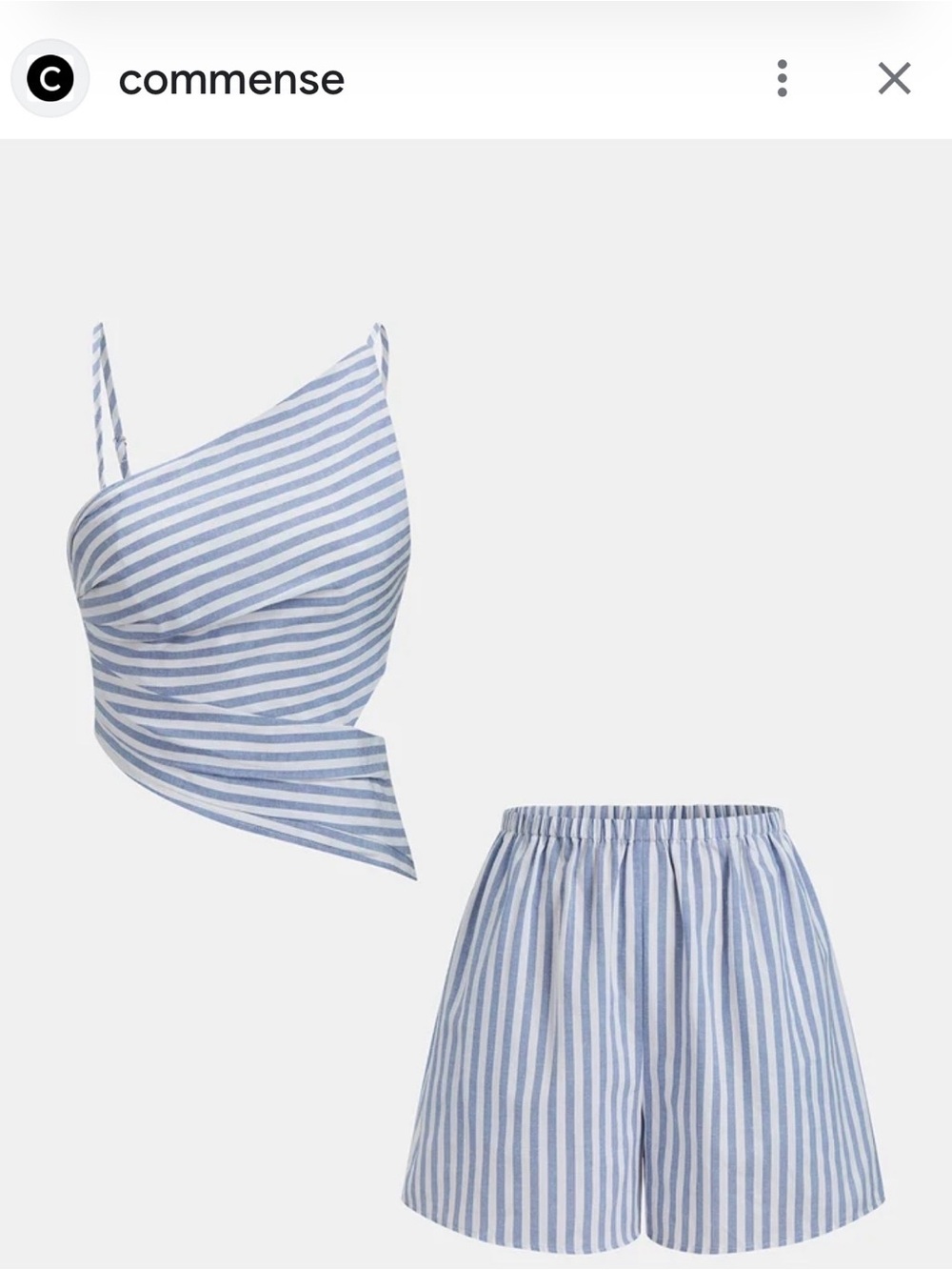 Commense Blue and White Striped One-Shoulder Crop Top & Shorts Set